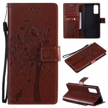Samsung Galaxy S20 FE Embossed Tree Cat Butterfly Wallet Stand Case Brown