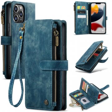 CaseMe iPhone 13 Pro Max Wallet Kickstand Retro Case Blue