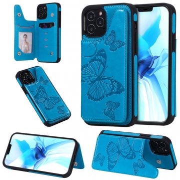 iPhone 12 Pro Luxury Butterfly Magnetic Card Slots Stand Case Blue