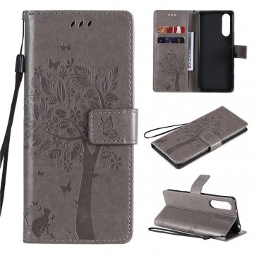 Sony Xperia 5 II Embossed Tree Cat Butterfly Wallet Stand Case Gray