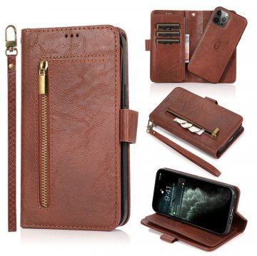 Zipper Pocket Wallet 9 Card Slots with Wrist Strap For iPhone Case Brown