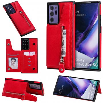 Samsung Galaxy Note 20 Zipper Pocket Card Slots Magnetic Clasp Stand Case Red