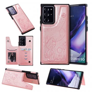 Samsung Galaxy Note 20 Ultra Luxury Bee and Cat Magnetic Card Slots Stand Cover Rose Gold