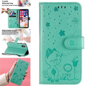 iPhone XS/X Embossed Cat Bee Wallet Magnetic Stand Case Green