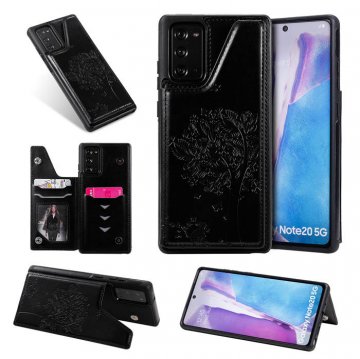 Samsung Galaxy Note 20 Embossed Tree Cat Magnetic Clasp Wallet Stand Case Black