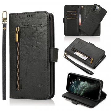 Zipper Pocket Wallet 9 Card Slots with Wrist Strap For iPhone Case Black