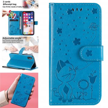 iPhone XS/X Embossed Cat Bee Wallet Magnetic Stand Case Blue