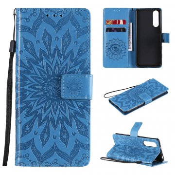 Sony Xperia 5 II Embossed Sunflower Wallet Magnetic Stand Case Blue