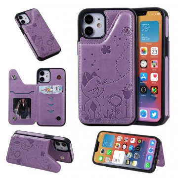 iPhone 12 Mini Luxury Bee and Cat Magnetic Card Slots Stand Cover Purple