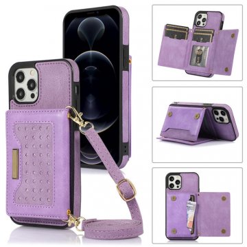 Bling Crossbody Bag Wallet iPhone 12 Pro Max Case with Lanyard Strap Purple