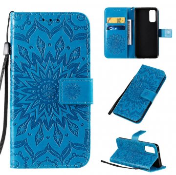 Samsung Galaxy S20 Embossed Sunflower Wallet Stand Case Blue