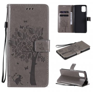 Motorola Moto G9 Plus Embossed Tree Cat Butterfly Wallet Stand Case Gray