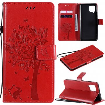 Samsung Galaxy A42 5G Embossed Tree Cat Butterfly Wallet Stand Case Red