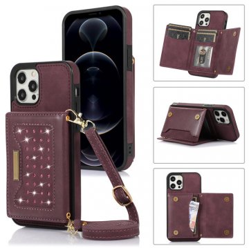 Bling Crossbody Bag Wallet iPhone 12 Pro Max Case with Lanyard Strap Red