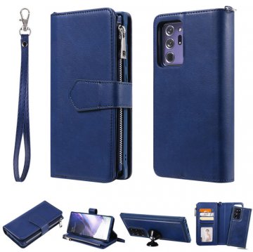 Samsung Galaxy Note 20 Ultra Zipper Wallet Magnetic Detachable 2 in 1 Case Blue