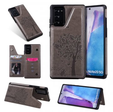 Samsung Galaxy Note 20 Embossed Tree Cat Magnetic Clasp Wallet Stand Case Gray