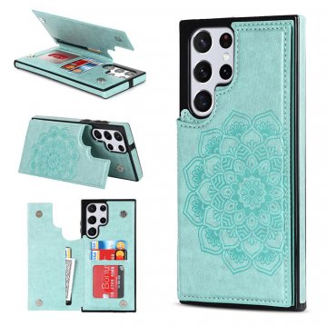 Mandala Embossed Samsung Galaxy S23 Ultra Case with Card Holder Green