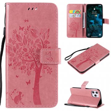 iPhone 12 Pro Max Embossed Tree Cat Butterfly Wallet Stand Case Pink