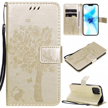 iPhone 12 Pro Embossed Tree Cat Butterfly Wallet Stand Case Gold