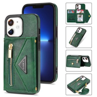 Crossbody Zipper Wallet iPhone 12/12 Pro Case With Strap Green