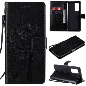 Xiaomi Mi 10T/10T Pro Embossed Tree Cat Butterfly Wallet Stand Case Black