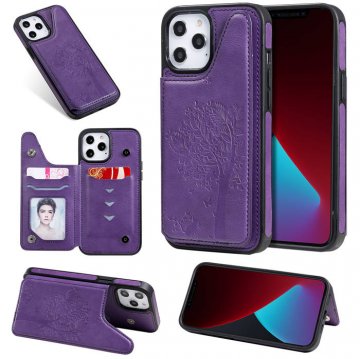 iPhone 12 Pro Max Luxury Tree and Cat Magnetic Card Slots Stand Cover Purple