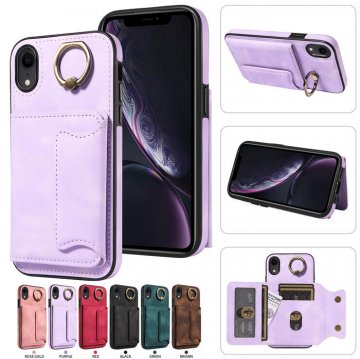 For iPhone XR Card Holder Ring Kickstand PU Leather Case Purple