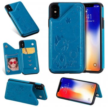 iPhone X Bee and Cat Embossing Magnetic Card Slots Stand Cover Blue