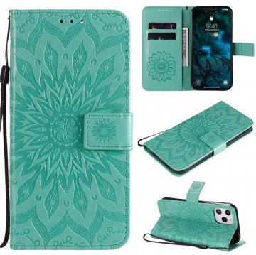 iPhone 12 Pro Max Embossed Sunflower Wallet Magnetic Stand Case Green
