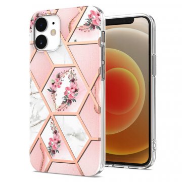 iPhone 12 Flower Pattern Marble Electroplating TPU Case Pink