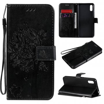 Xiaomi Redmi 9A Embossed Tree Cat Butterfly Wallet Stand Case Black