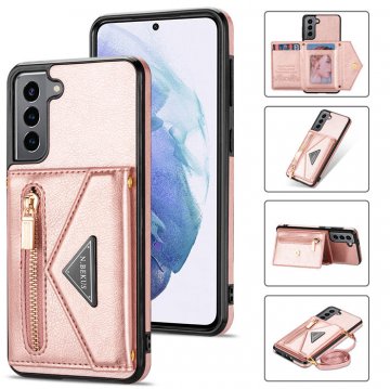 Crossbody Zipper Wallet Samsung Galaxy S22 Case With Strap Rose Gold