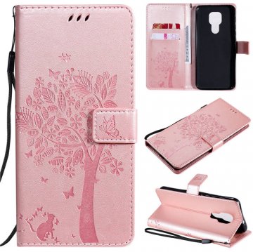 Motorola Moto G9 Play Embossed Tree Cat Butterfly Wallet Stand Case Rose Gold