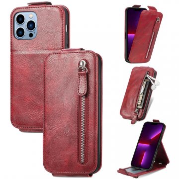 Zipper Pocket Vertical Flip Wallet Stand Case Red For iPhone