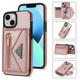 Crossbody Zipper Wallet iPhone 14 Plus Case With Strap Rose Gold