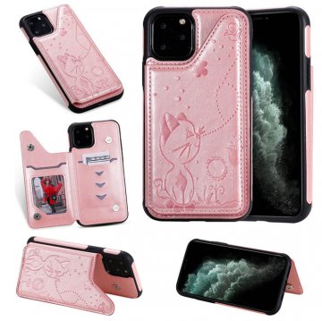 iPhone 11 Pro Max Bee and Cat Embossing Card Slots Stand Cover Rose Gold