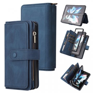 Samsung Galaxy Z Fold3 5G Wallet 15 Card Slots Case with Wrist Strap Blue