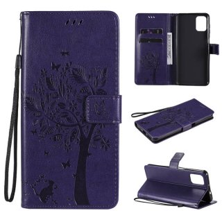 Motorola Moto G9 Plus Embossed Tree Cat Butterfly Wallet Stand Case Purple