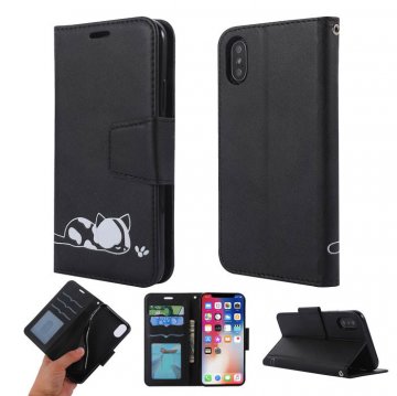 iPhone XS/X Cat Pattern Wallet Magnetic Stand PU Leather Case Black