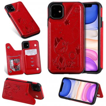 iPhone 11 Bee and Cat Embossing Magnetic Card Slots Cover Red