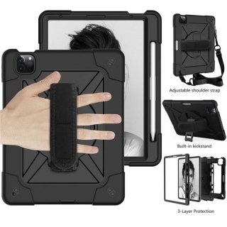 iPad Air 4 10.9 inch 2020 Kickstand Hand strap and Detachable Shoulder Strap Cover Black + Black