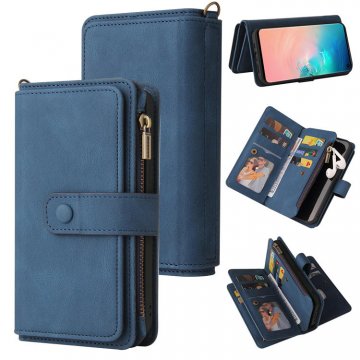 For Samsung Galaxy S10 Wallet 15 Card Slots Case with Wrist Strap Blue