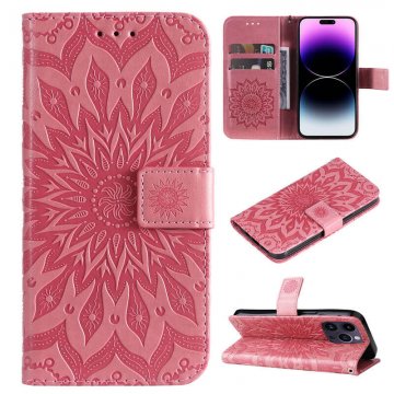 Embossed Sunflower Leather Wallet Kickstand Phone Case Pink