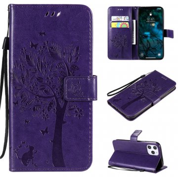 iPhone 12 Pro Max Embossed Tree Cat Butterfly Wallet Stand Case Purple