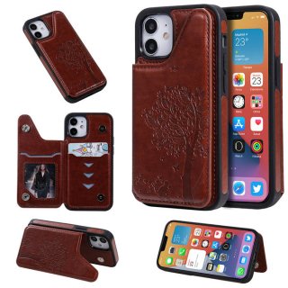 iPhone 12 Embossed Tree Cat Magnetic Clasp Wallet Stand Case Brown