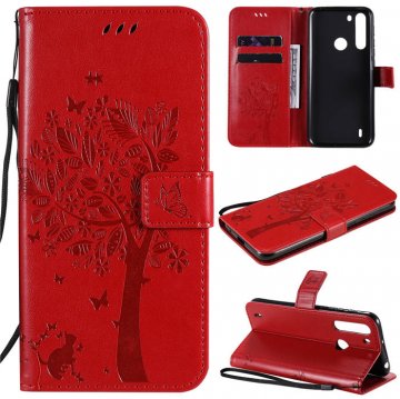 Motorola One Fusion Embossed Tree Cat Butterfly Wallet Stand Case Red
