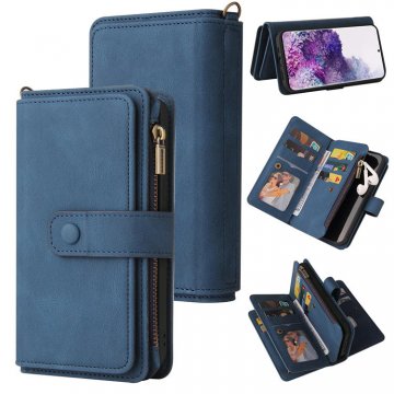 For Samsung Galaxy S20 Wallet 15 Card Slots Case with Wrist Strap Blue