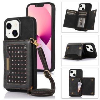 Bling Crossbody Bag Wallet iPhone 14 Case with Lanyard Strap Black