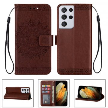 Samsung Galaxy S21/S21 Plus/S21 Ultra Wallet Embossed Totem Pattern Stand Case Brown