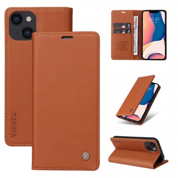 YIKATU iPhone 14 Wallet Kickstand Magnetic Case Brown